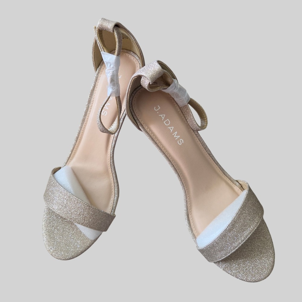 J. Adams Dove Champagne Glitter Ankle Strap Stiletto Heels 3022-FSQ Size 10